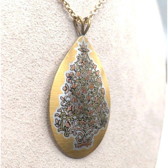 Reed & Barton 24k Gold Plate Silver Damascene Christmas Tree Pendant Necklace - Picture 4 of 10